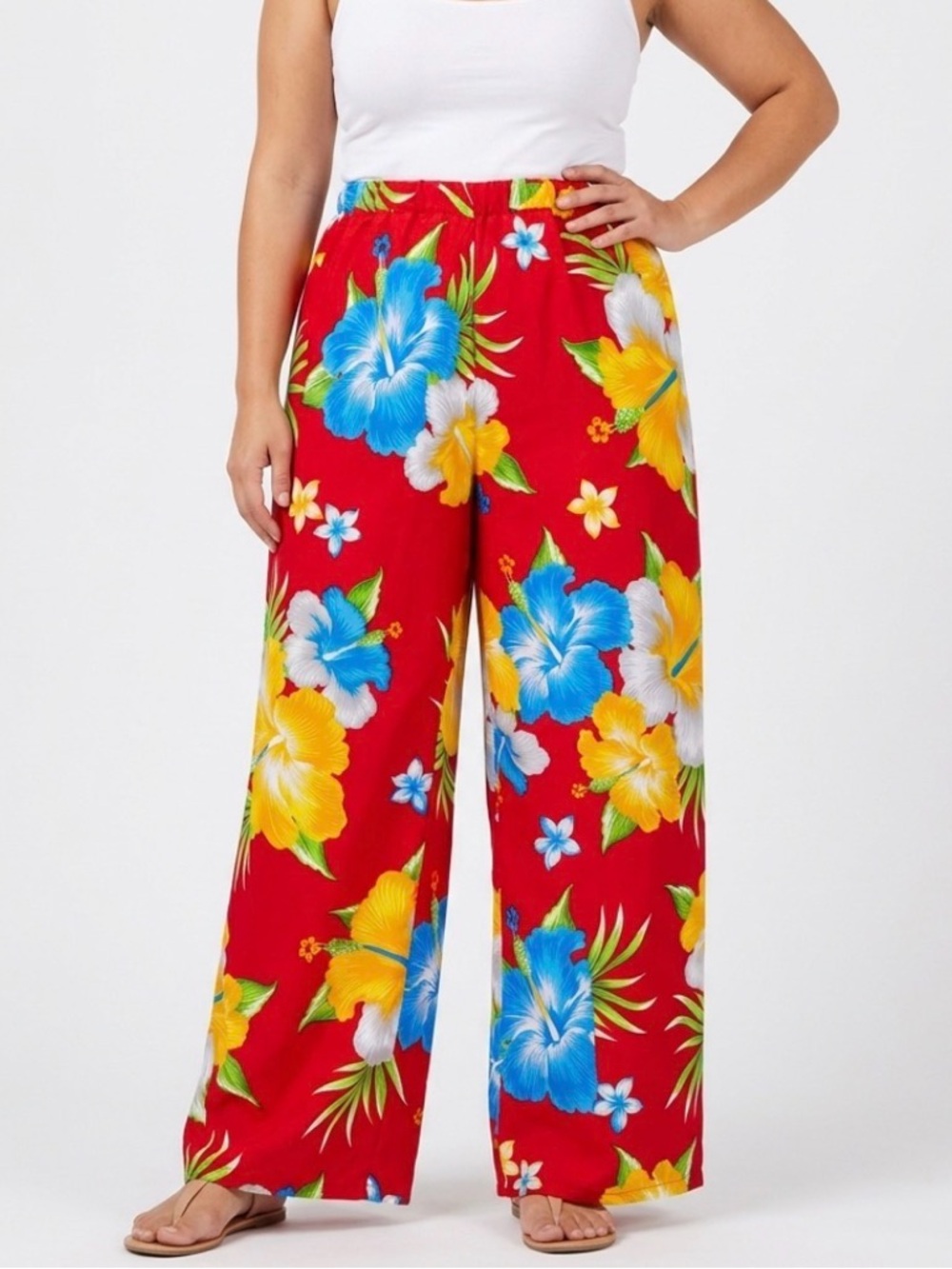 Vtg Tropical Hibiscus Wide Leg Palazzo Pants Plus XL 2XL Red Floral Resortwear